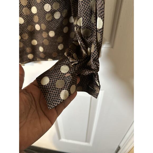 Vintage Givenchy Shirt Womens Size 4 Brown Silk Polka Dot Tie Neck Blouse 80s - Picture 8 of 10